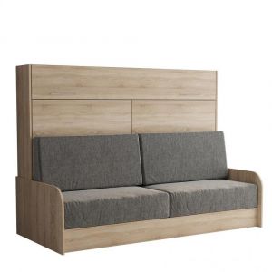 Image de Inside75 Armoire lit escamotable VERTIGO SOFA structure accoudoirs chêne tissu gris 140*200 cm - natural