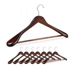 Relaxdays Cintre pour vêtements, Lot de 8, épaule Large, Barre à Pantalon, pour Veste, Chemise, Bois, Marron