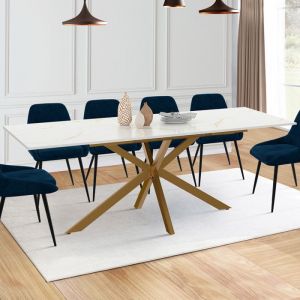 Idmarket Table à manger extensible rectangle alix 6-10 personnes pied araignée laiton plateau effet marbre doré alaska 160 - 200 cm