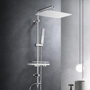 Görbach Colonne de Douche Mural avec Fixations Réglables Baignoire Set Kit de Douche sans Robinet avec Douchette et Pommeau de Douche Pluie Picots Anti-calcaire 35x25cm