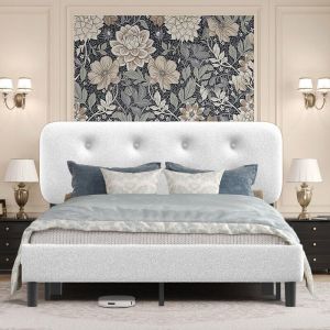 Lit Double Rembourré 160 x 200 cm, avec Tête de Lit Réglable,9 points d'appui, Support à Lattes en Bois Solide, Facile à Assembler, Blanc