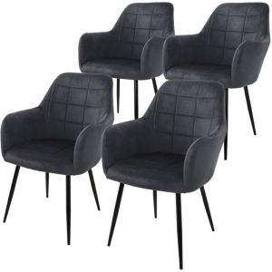ECD Germany Lot de 4 Chaises de Salle &agrave; Manger Cuisine Salon S&eacute;jour Gris Fonc&eacute; Assise Si&egrave;ge Rembourr&eacute;e en Velours Structure en M&eacute;tal Fauteuil R&eacute;tro avec Accoudoirs pour Bureau R&eacute;ception Meuble Maison