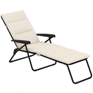 Outsunny Bain de soleil pliable transat inclinable 6 positions grand confort avec matelas + accoudoirs acier polyester beige