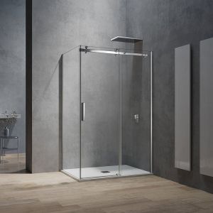 Cabine de douche style industriel avec porte coulissante 150x195 et paroi latérale 90x195 accessoires chromés - Grand Verre