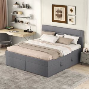 Lit boxspring 140x200 cm - Lit continental avec sommier à lattes Structure en métal - Lit double ouverture des deux côtés en Lin - Gris