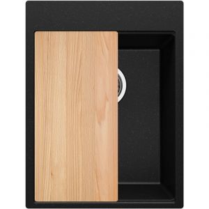 Primagran - vier Cusine en Granit 38x50 cm, Lavabo Cuisine 1 Bac + Kit de Vidage, Évier au meuble 40cm, Évier à Encastrer de Noir Metallic