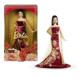 Mattel Poup&eacute;e Signature Nouvel an Chinois Portant Une Robe Rouge &agrave; imprim&eacute; Pivoine dor&eacute;, Jouet &agrave; Collectionner pour Les f&ecirc;tes, JJX83