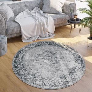 Tapis Salon Chambre Adulte Tissage Plat Moderne Oriental Marocain Vintage Lavable 200 cm rond, Gris 2 - Paco Home