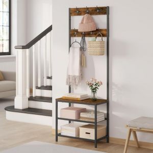 Woltu - Meuble d'Entrée Portemanteau avec 7 Crochets Doubles, Banc et Étagère à Chaussures à 2 Niveaux, Noir+Marron Rustique, 60x31,5x170cm