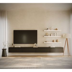 Selsey BEMMI &ndash; Meuble TV mural &agrave; quatre abattants 300 cm, noir