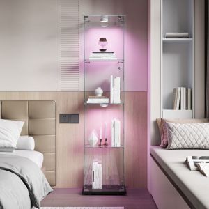 Vitrine en Verre LED, ADWOLT, 39.8x35x163cm, Vitrine pour Collection avec Serrure, 1 porte 4 &eacute;tages, lampe &agrave; tapoter, Noir