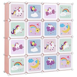 Image de Songmics Meuble Rangement Enfant 16 Cubes, Armoire Modulable avec Portes, Étagère en Plastique, pour Jouets, Vêtements, Chaussures, Sacs d'École, 123 x 31 x 123 cm, Rose LPC906P01