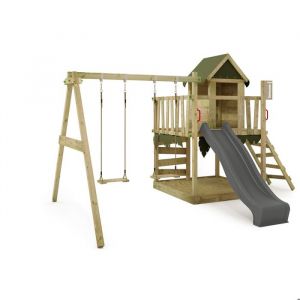 Fatmoose Aire de jeux en bois JazzyJungle avec balançoire et toboggan anthracite