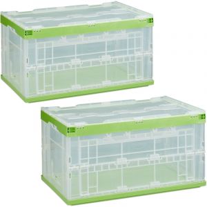 Relaxdays Boîte pliable, lot de 2, couvercle, caisse de rangement plastique coffre transport 60 litres 31,5 x 59,5 x 39,5 cm, vert