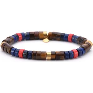 Bracelet Acier Perles Heishi 6mm Pierre Lapis Jaspe Rouge Et Oeil De Tigre