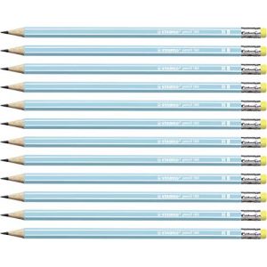 Stabilo Crayon graphite HB pencil 160 - Lot de 12 crayons graphite HB avec bout gomme - Bleu clair