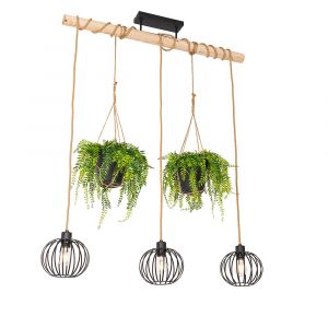 Qazqa Suspension rurale noire avec bois 3 lumières - Yura