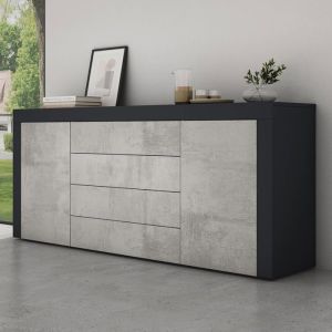 Mai&mai - Meuble de Rangement avec 2 Portes et 4 Tiroirs Casier de Rangement Polyvalent Buffet Gris Noir Mat + Béton 167x36x70 cm SR03