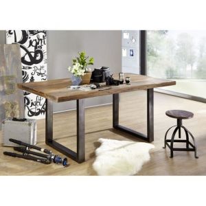 Table &agrave; manger 180x90cm - Fer et Bois massif de manguier laqu&eacute; (Bois naturel) - RAILWAY #107