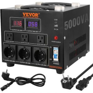VEVOR Transformateur 220 V⇄110 V Convertisseur de Tension Élévateur Abaisseur 5000 W Transformateur de Puissance avec 3 Prises US NEMA 5-15R 3 Broches 3 Prises EU Shucko 1 Port USB 5 V 1 Prise Type-C