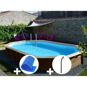 Sunbay Kit piscine bois Safran 6,37 x 4,12 x 1,33 m + Bâche à bulles + Douche