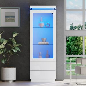 Vitrine blanche brillante avec &eacute;clairage LED, armoire haute avec 2 tiroirs, armoire sur pied, 60 x 40 x 171 cm