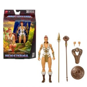 Mattel Masters of the Universe Figurine articulée Teela Masterverse New Eternia 18 cm, 30 Points d’Articulation, Coiffe de Cobra Amovible et Armes, JBP84