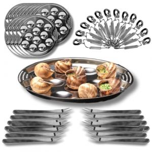 Service &agrave; Escargots 12 Personnes - 12 Assiettes 12 trous 12 Pinces et 12 Piques en Acier Inoxydable - Coffret Complet dUstensiles