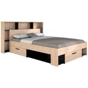Lit 140 x 190/200 cm avec t&ecirc;te de lit et rangements - Coloris : Naturel et noir - KINSELIA