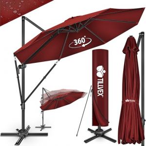 Tillvex Parasol déporté hexagonale 330 cm Premium avec manivelle Rouge / sans LED