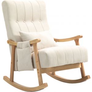 Liberté - Fauteuil à bascule, avec rangement de poche,pieds en bois massif,Style Scandinave,Salon,Chambre, Beige