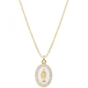 Amen Bijoux, Collier M&eacute;daille Miracoculeuse &Eacute;maill&eacute;e Blanc Perle, Collier Femme Argent 925 Dor&eacute;, Zircons Blancs, Cadeau Femme