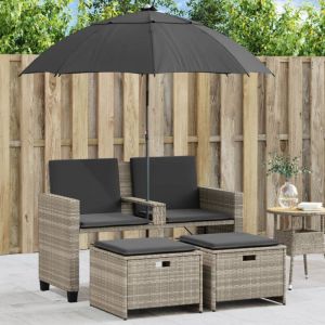 VidaXL Canap&eacute; de jardin 2 places et parasol tabourets gris clair rotin