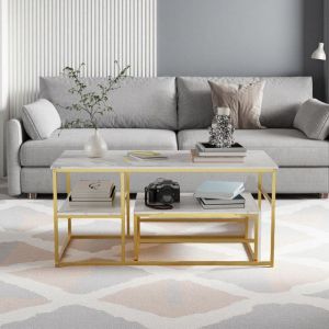 Table Basse - Marbre Blanc - Gigogne - Métal Doré - 105x52x48.5cm