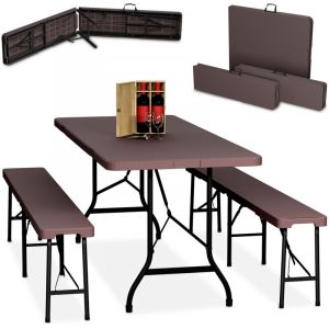 Relaxdays Ensemble table pliante et 2 bancs, pour jardin, pavillon ou camping, 180 cm, pour les fêtes, marron
