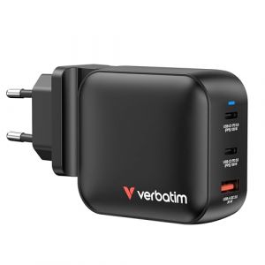 Verbatim Mini GaN Charger 100 W, 3 Ports USB-C Ladegerät, Power Adapter 2 x USB-C & 1 x USB-A, Schnellladegerät Mehrfachstecker, Apple MacBook, Notebook, iPad, iPhone, Samsung & Co, für EU, UK, USA