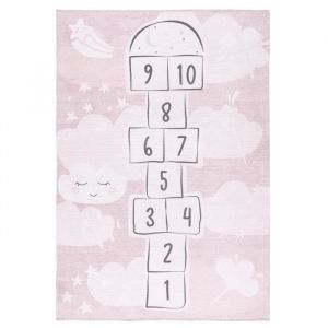 Image de Tapis enfant - TESSO LIVING - Rectangulaire - Lavable - Antid&eacute;rapant - Jeux de saut - Etoiles - Nuages - Rose
