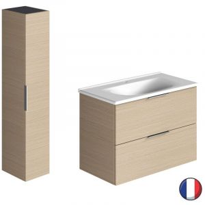 Meuble salle de bain simple vasque BURGBAD Olena 90 cm ch&ecirc;ne clair + colonne de salle de bain