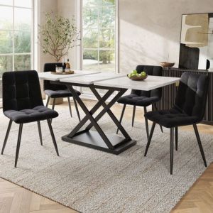 Ensemble de Salle &agrave; Manger - Table Extensible 120-160 cm en MDF avec 4 Chaises Velours Noir, Aspect Marbre, Pieds de Table en M&eacute;tal