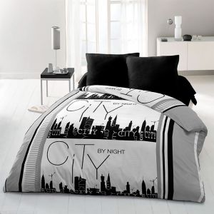 Image de Parure de couette Microfibre CITY BY NIGHT 1 housse de couette 220x240 cm + 2 taies 63x63 cm Gris et Blanc