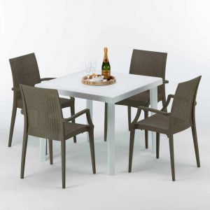 Image de Grand Soleil Table carrée et 4 chaises Poly rotin resine colorées 90x90 blanc | Bistrot Arm Marron Moka