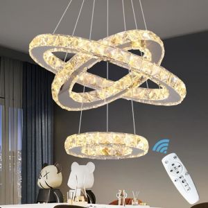 Lustre cristal led 98W suspension plafonnier gradable d'une télécommande 3 anneaux ajustables 3 lumineuses D40+D30+D20cm