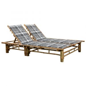 Transat chaise longue bain de soleil lit de jardin terrasse meuble d'extérieur pour 2 personnes avec coussins bambou 02_0012899