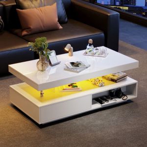 Table Basse 4 Plateaux en Verre - 2 Tiroirs - Blanc - 95x50x42.5 cm