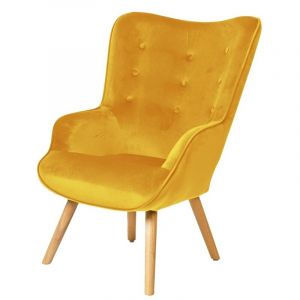 Meublorama - Fauteuil de salon en velours jaune moutarde avec pieds en bois collection enjoy. Style scandinave