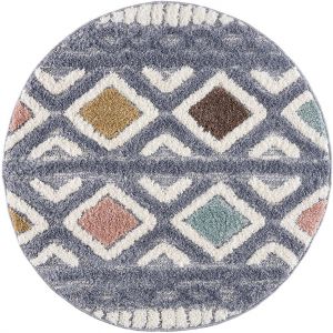 Tapis rond &agrave; poils longs et relief multicolore 160x160cm