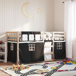 VidaXL Lit superposé avec rideaux blanc/noir 90x190 cm bois pin massif, lit, cadre de lit, lit superposé bas, meuble de chambre à coucher