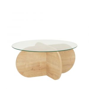 DRAWER Table basse ronde en verre trempé et bois ø75cm - Bois clair - Bully