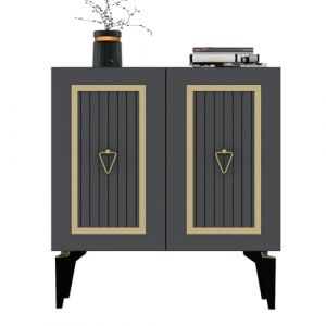 Menzzo Buffet 2 portes design Alpo L75cm Bois Anthracite Motif Géométrique Or