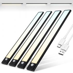 Brendz Led Armoire Detecteur Mouvement Reglette Led Rechargeable USB-C Led Dressing Lampe de Placard Dimmables 4x40cm Noire